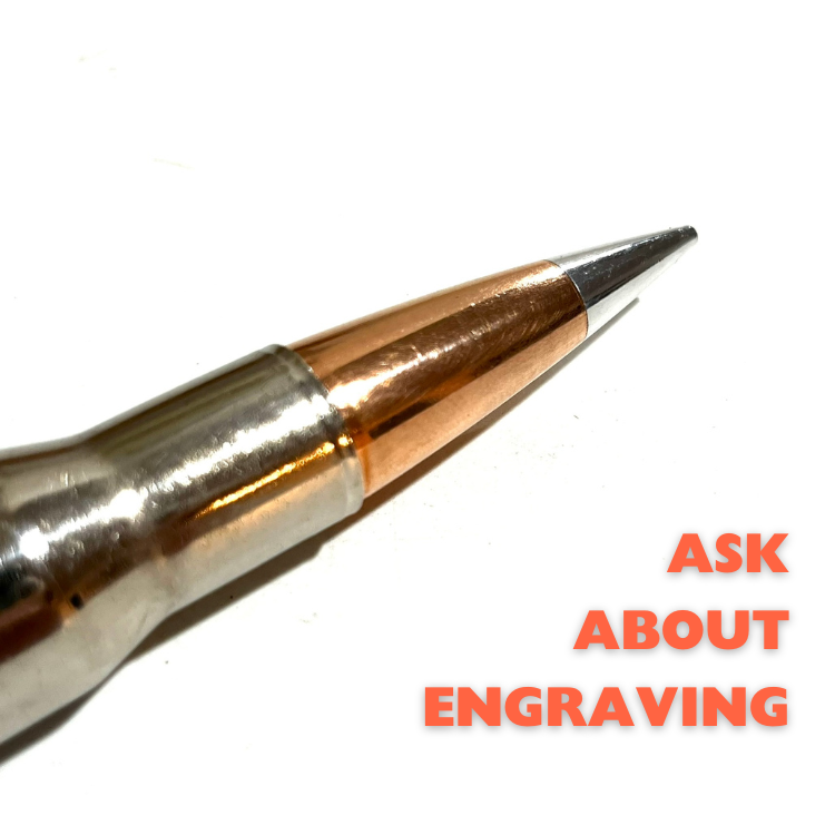 Macro close-up of 50 cal BMG nickel dummy round with text overlay inviting inquiries about custom engraving services.
