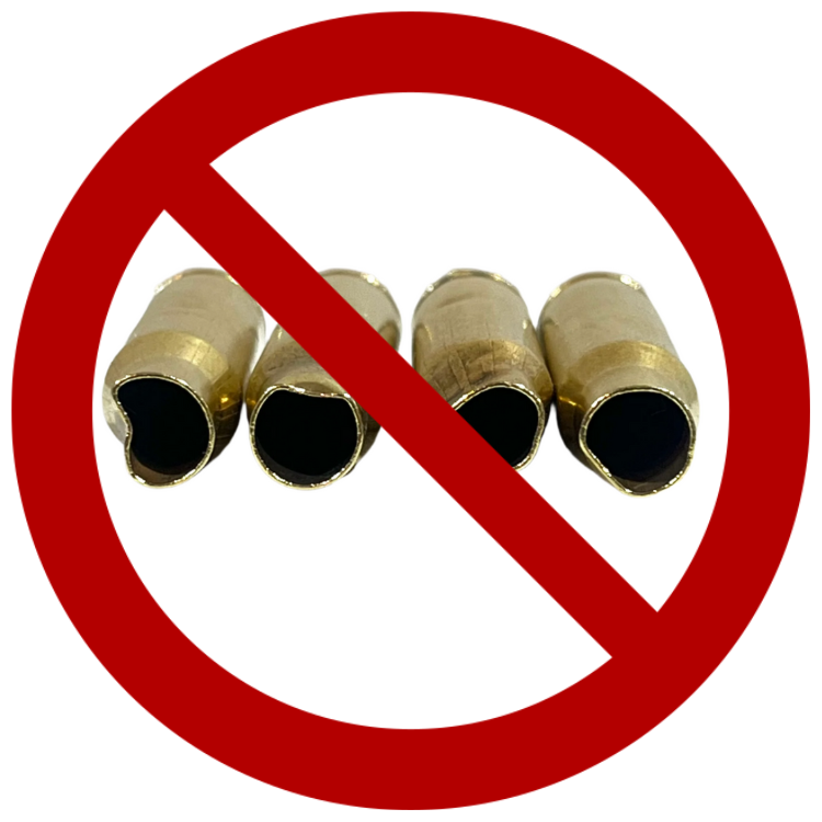 Red prohibition circle and slash overlaid on four dented 308 brass cases on a white background.