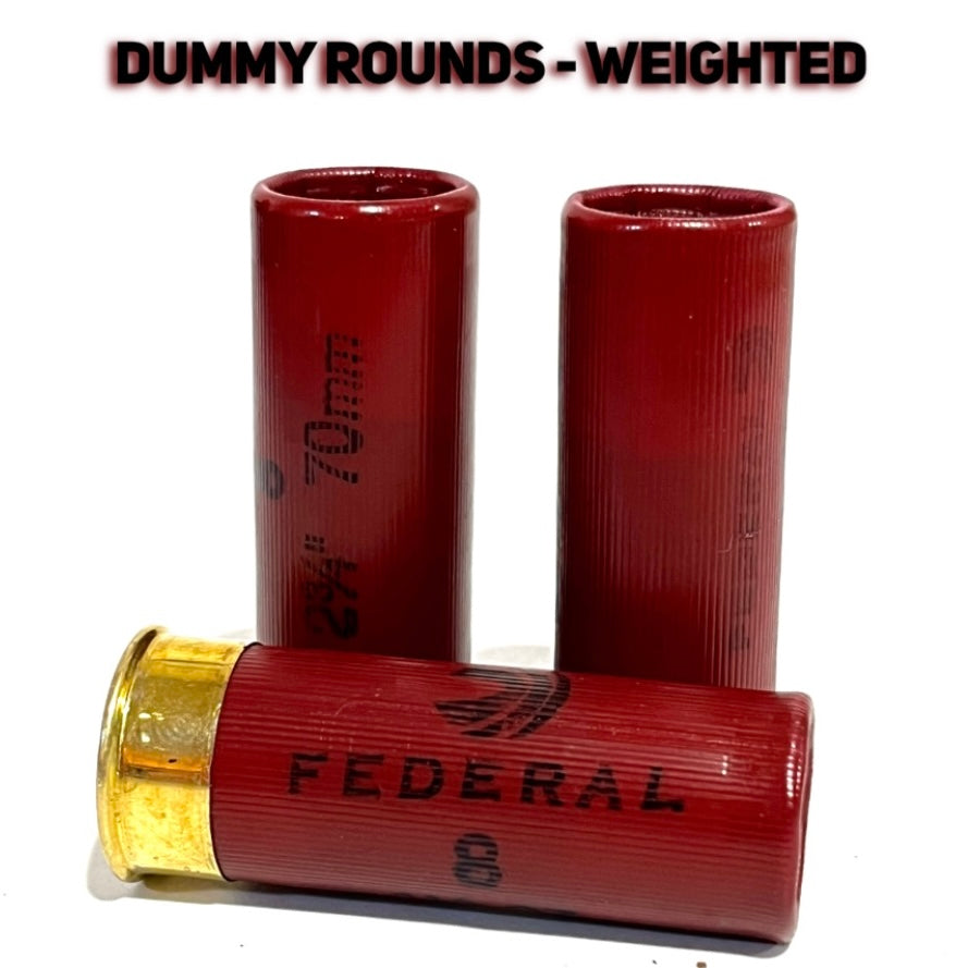 Three dark red Federal 12 gauge weighted dummy rounds standing upright on white background with Dummy Rounds Weighted title graphic
