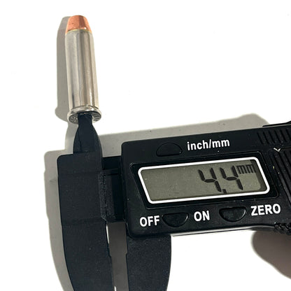 Digital caliper measuring a bullet with a digital display showing 4.4mm on a white background.