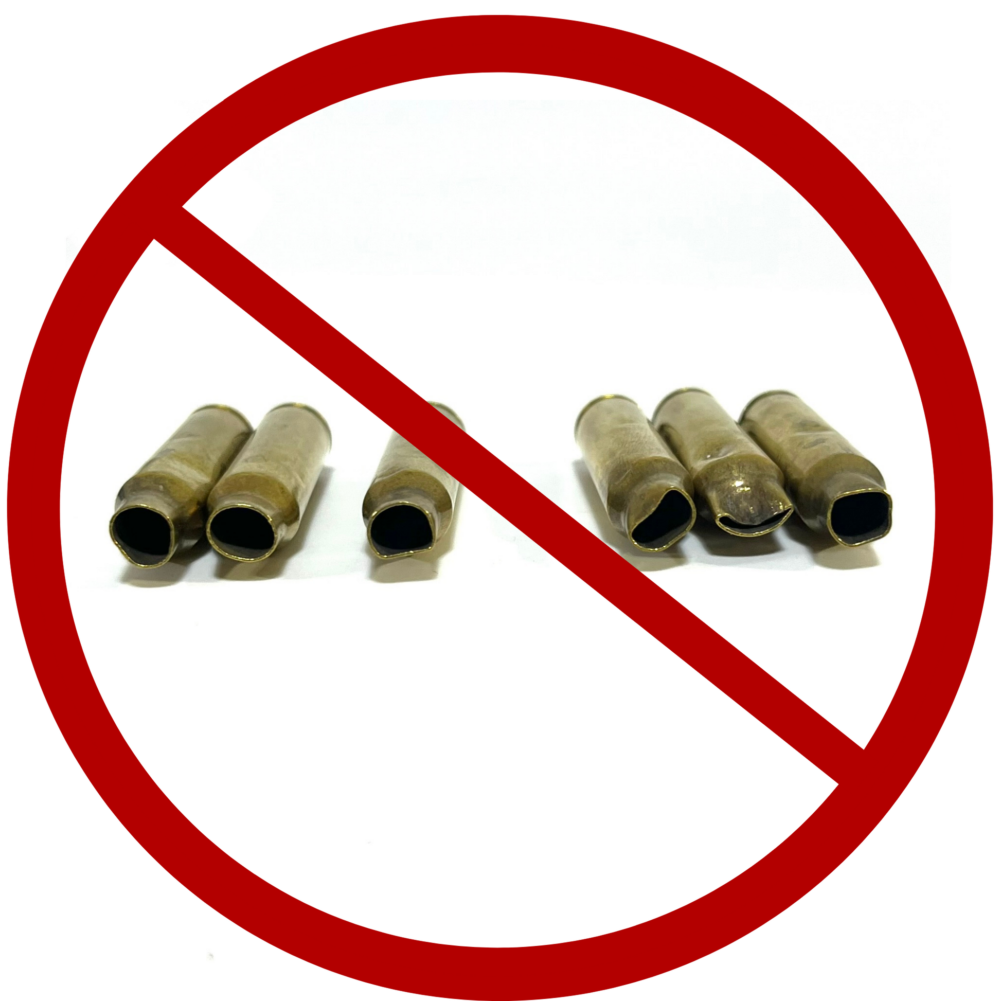 Six uncleaned 223 5.56 brass casings on a white background overlaid with a large red prohibition circle and slash symbol.