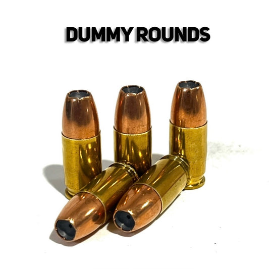 5 dummy .380 Auto rounds with copper jacketed hollow point bullets and brass casings on white background, Dummy Rounds text overlay