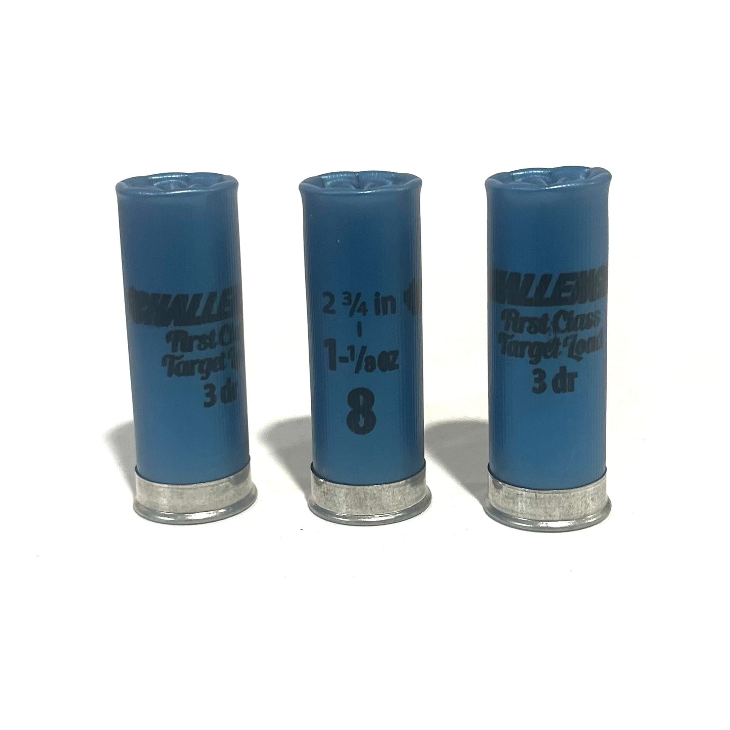 Three blue Challenger First Class Target Load 12 gauge dummy shotgun shells with silver bottoms