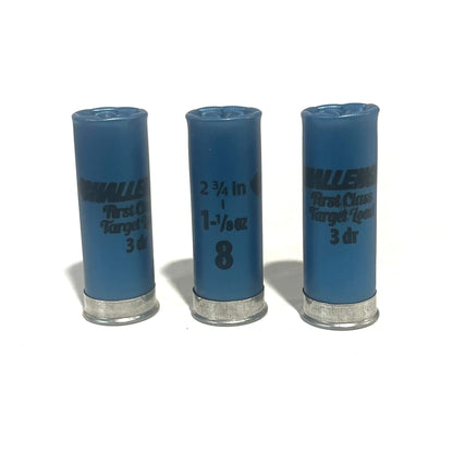 Three blue Challenger First Class Target Load 12 gauge dummy shotgun shells with silver bottoms