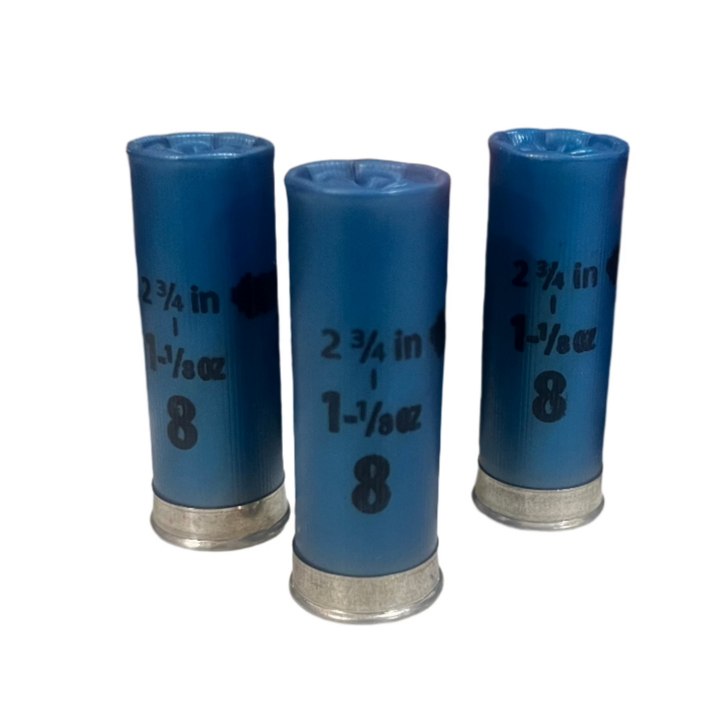 Three blue shotgun shells marked 2 3/4 in 1-1/8 oz 8 standing upright