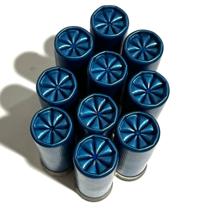Nine blue dummy shotgun shells viewed from above showing fluted crimped tops