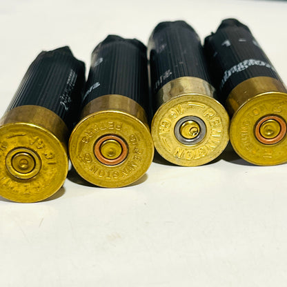 Four empty black hulls showing Remington and Remington Peters 16 GA headstamps on brass bases with spent primers