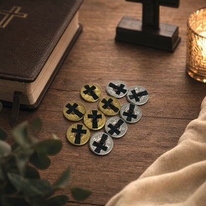A grouping of thin-cut gold and silver 12-gauge shotgun shell slices with engraved crosses, displayed on a wooden table next to a dark book and a candle, illustrating their decorative and religious craft application.