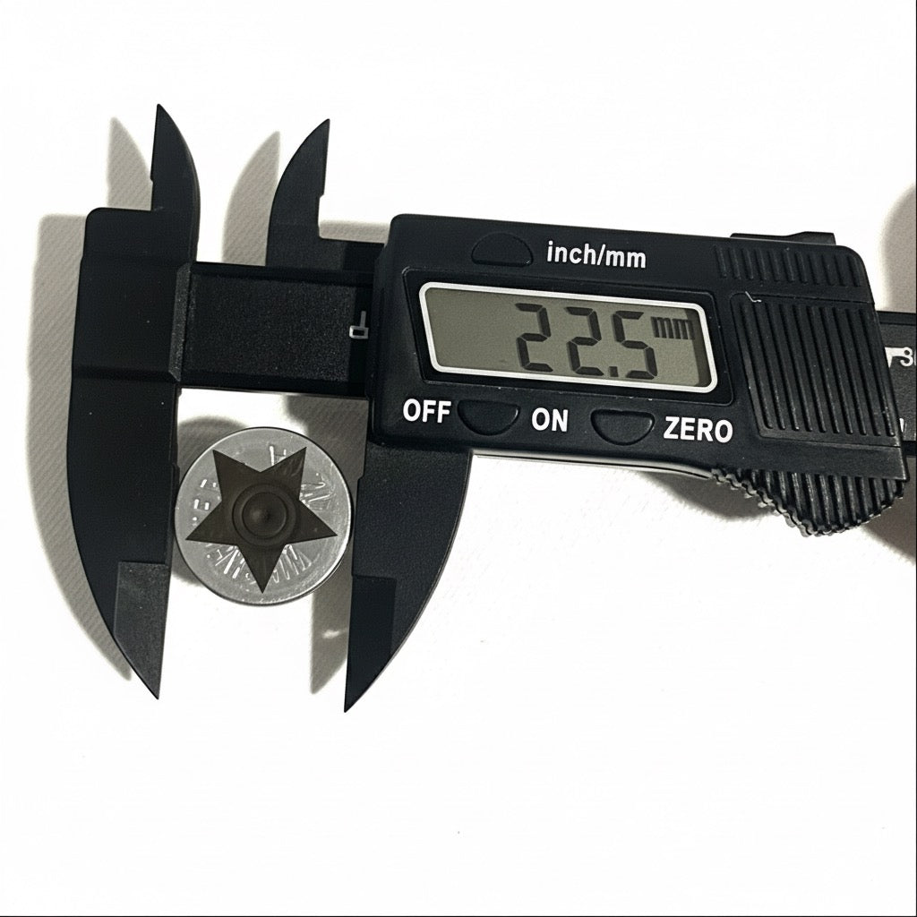 Digital caliper measuring the diameter of a silver engraved star shotgun shell slice at 22.5 millimeters
