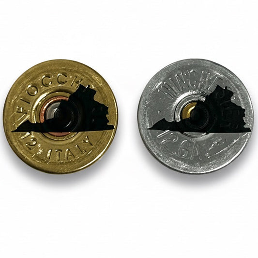 Two 12 gauge shotgun shell slices in gold and silver with engraved Virginia state silhouette cutouts, Fiocchi and Winchester headstamps