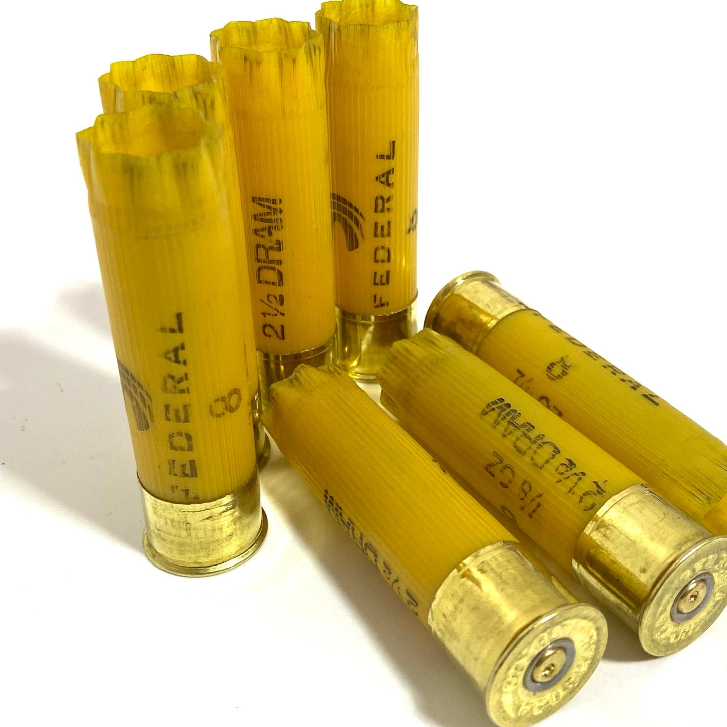 Federal 20 gauge empty shotgun shells, bulk yellow hulls for creating unique ammo-themed home craft projects.
