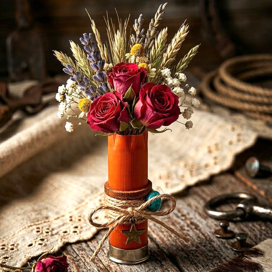 Detailed view of a blank tangerine 12 gauge shotgun shell used as a rustic floral boutonniere base.
