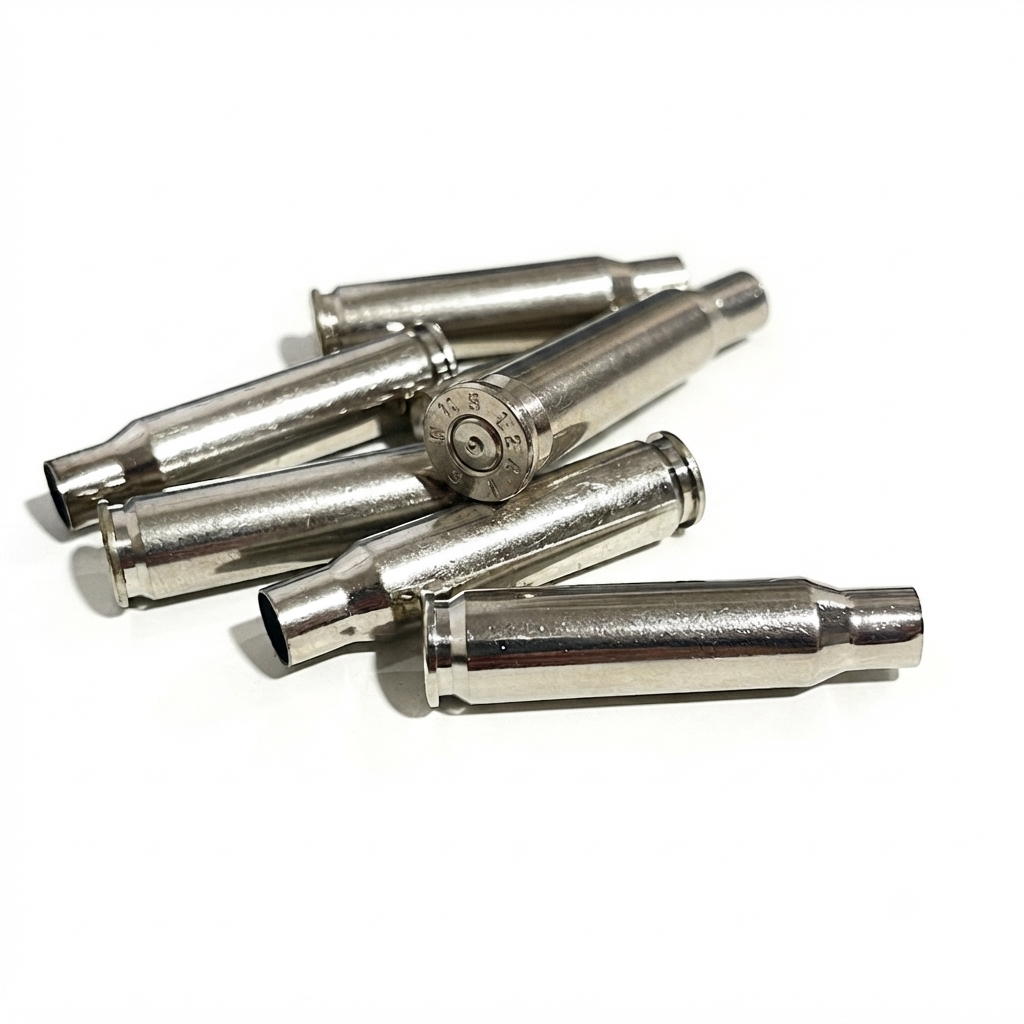 Overlapping group of five silver .308 WIN empty cartridges on a white surface, with the top base displaying a spent primer.