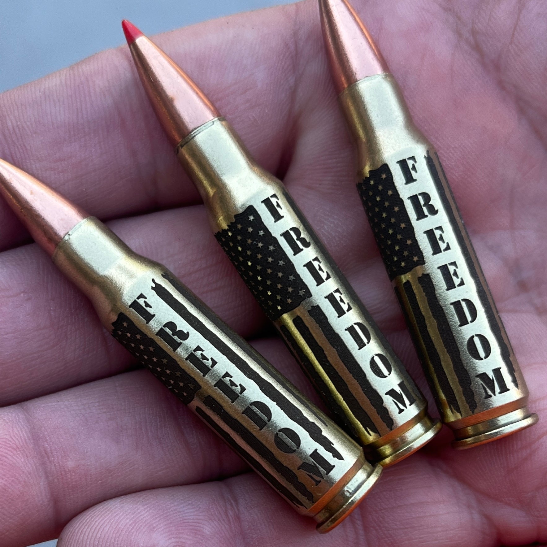 Three engraved brass .308 bullets held in an open palm, each stamped 'FREEDOM', one showing a red tip