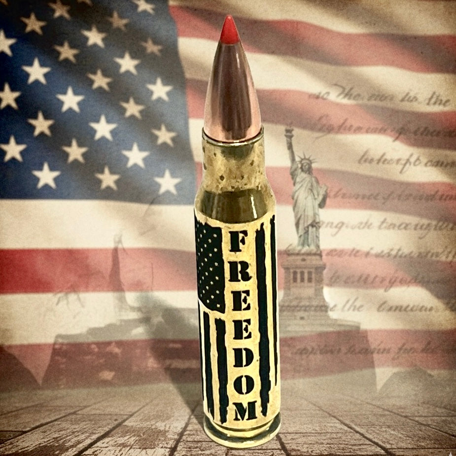 Engraved brass .308 cartridge with red bullet tip, 'FREEDOM' lettering, and flag backdrop with Liberty statue silhouette