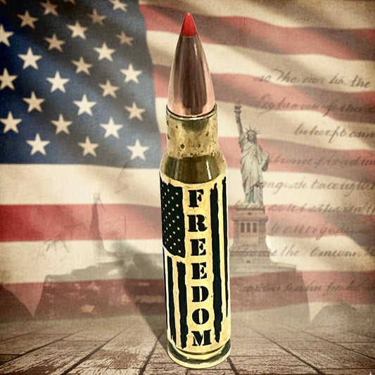 Engraved brass .308 cartridge with red bullet tip, 'FREEDOM' lettering, and flag backdrop with Liberty statue silhouette