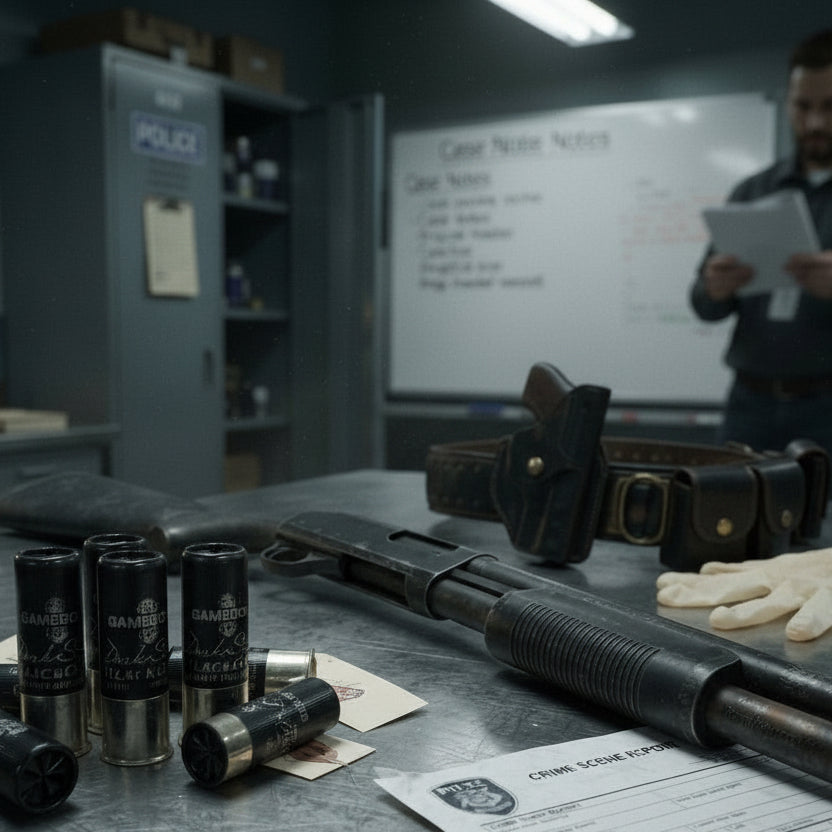 Black Gamebore dummy shotgun shells staged on a table with a police duty belt and shotgun for a crime-scene movie props