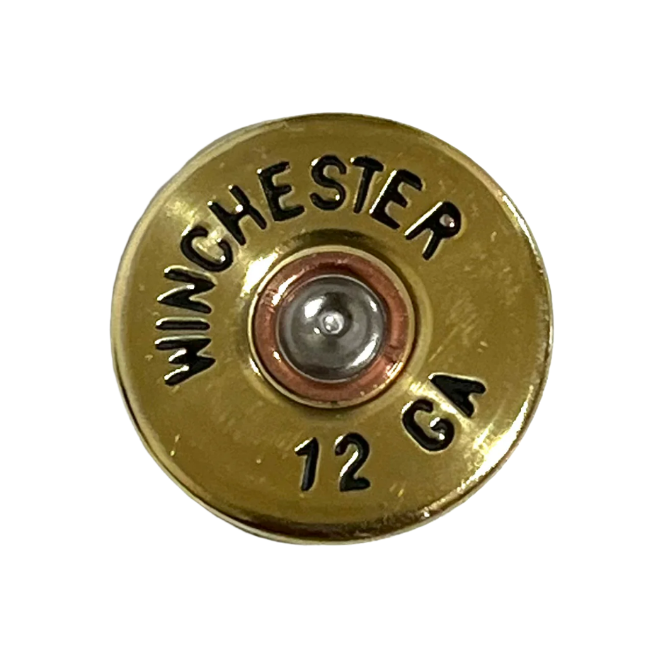 Close-up of a gold Winchester 12 GA shotgun shell slice with black lettering