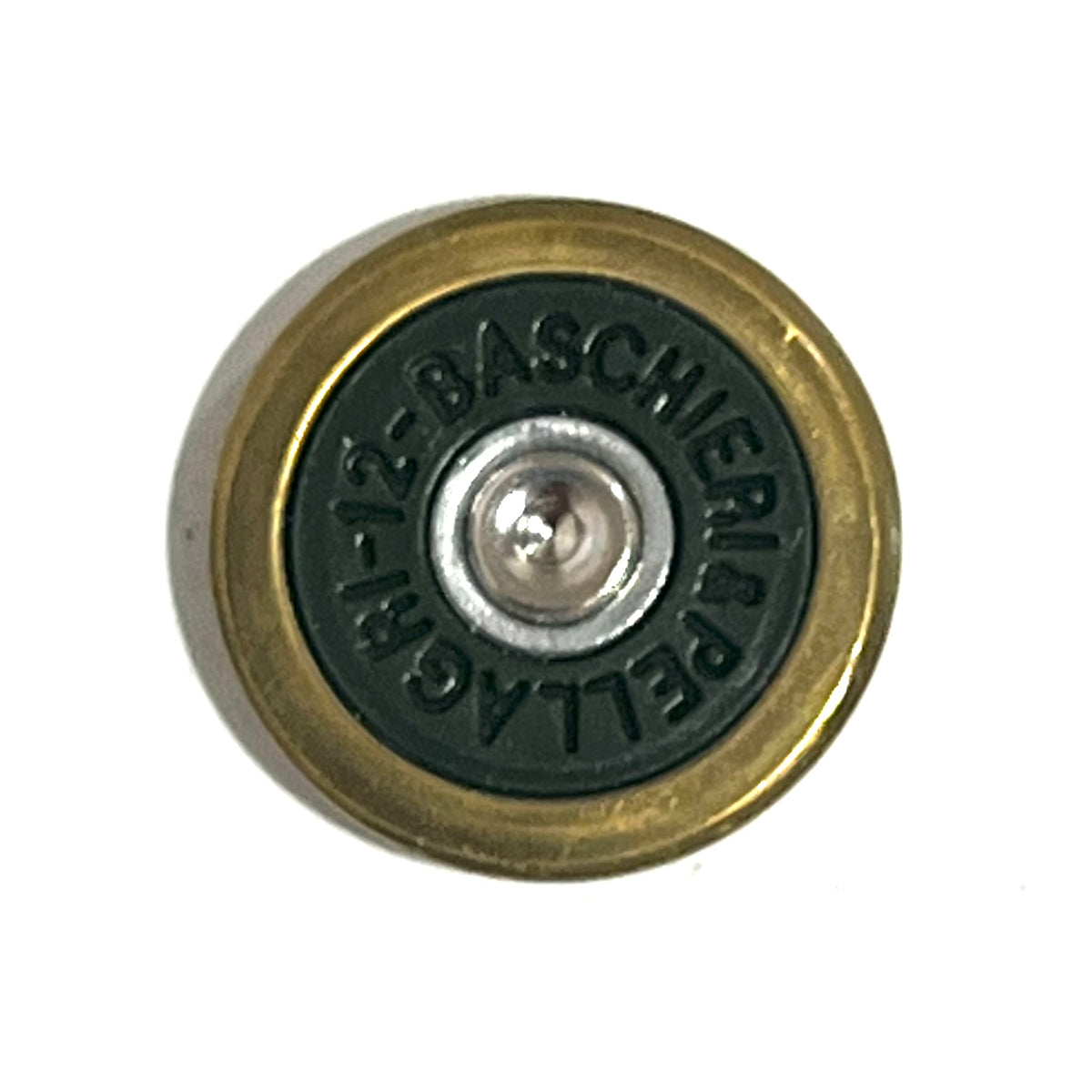 Close-up of a round brass shotgun shell slice with green underside stamped BASCHIERI PELLAGRI 12