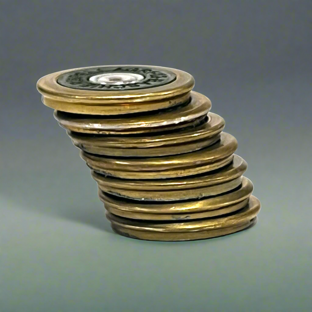 Stack of round brass shotgun shell slices with green undersides viewed from the side against a gray background