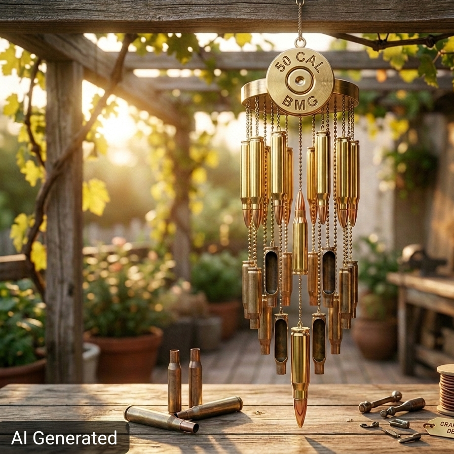 A wind chime crafted from polished .50 caliber BMG brass casings hanging from a wooden pergola. A brass top plate is engraved with 50 CAL BMG. Loose casings and a Craft Supplies Depot LLC tag rest on a rustic wooden table below. AI Generated watermark in the corner.