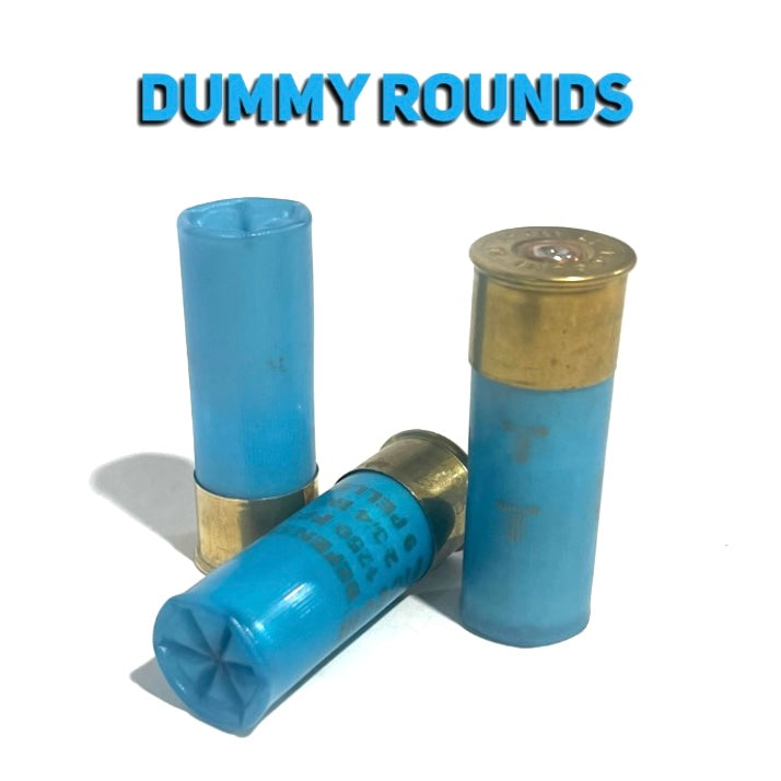 Three light blue 12 gauge dummy round shotgun shells with high brass bases and a bold "DUMMY ROUNDS" text overlay