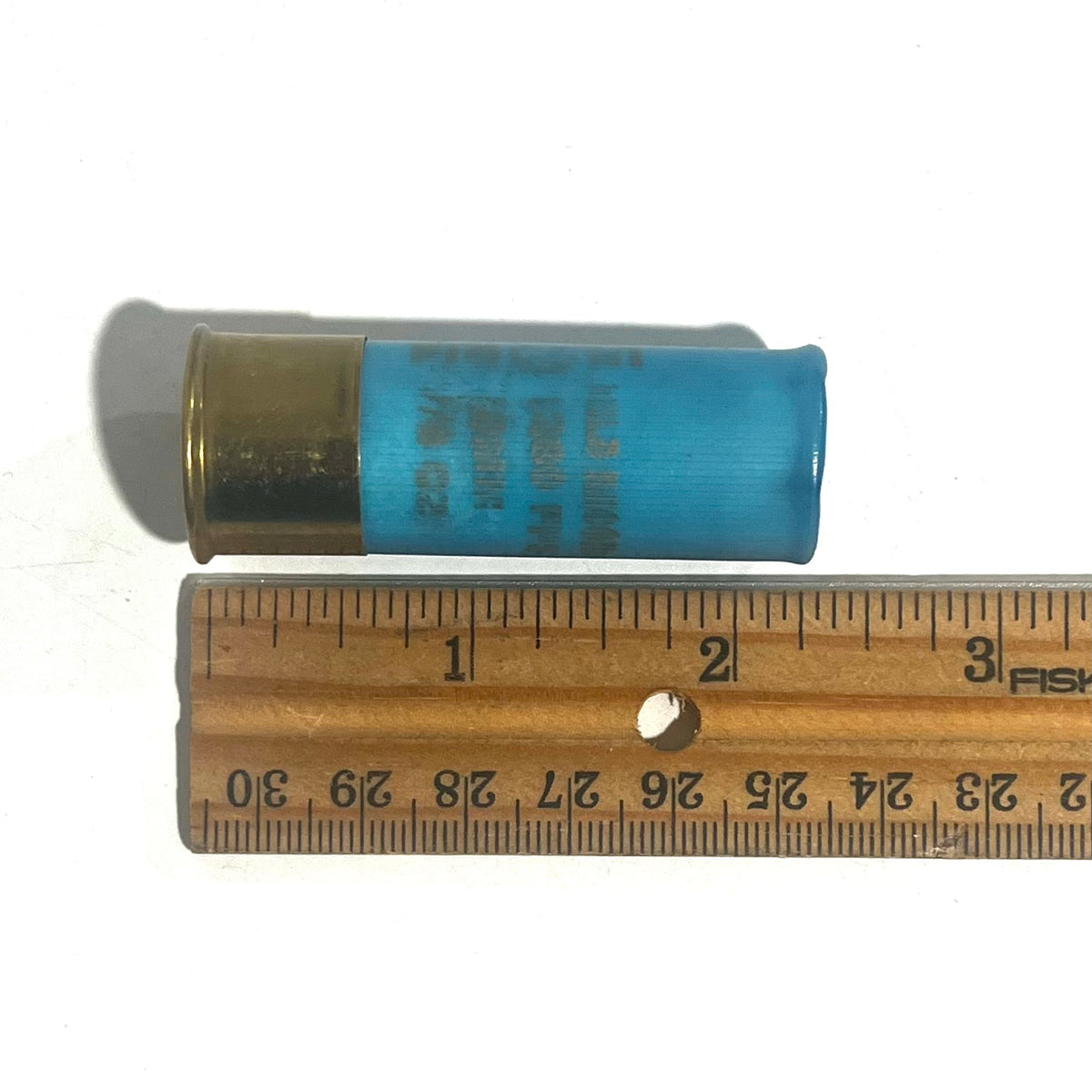 Single light blue 12 gauge shotgun shell hull with a high brass base shown beside a wooden ruler for scale