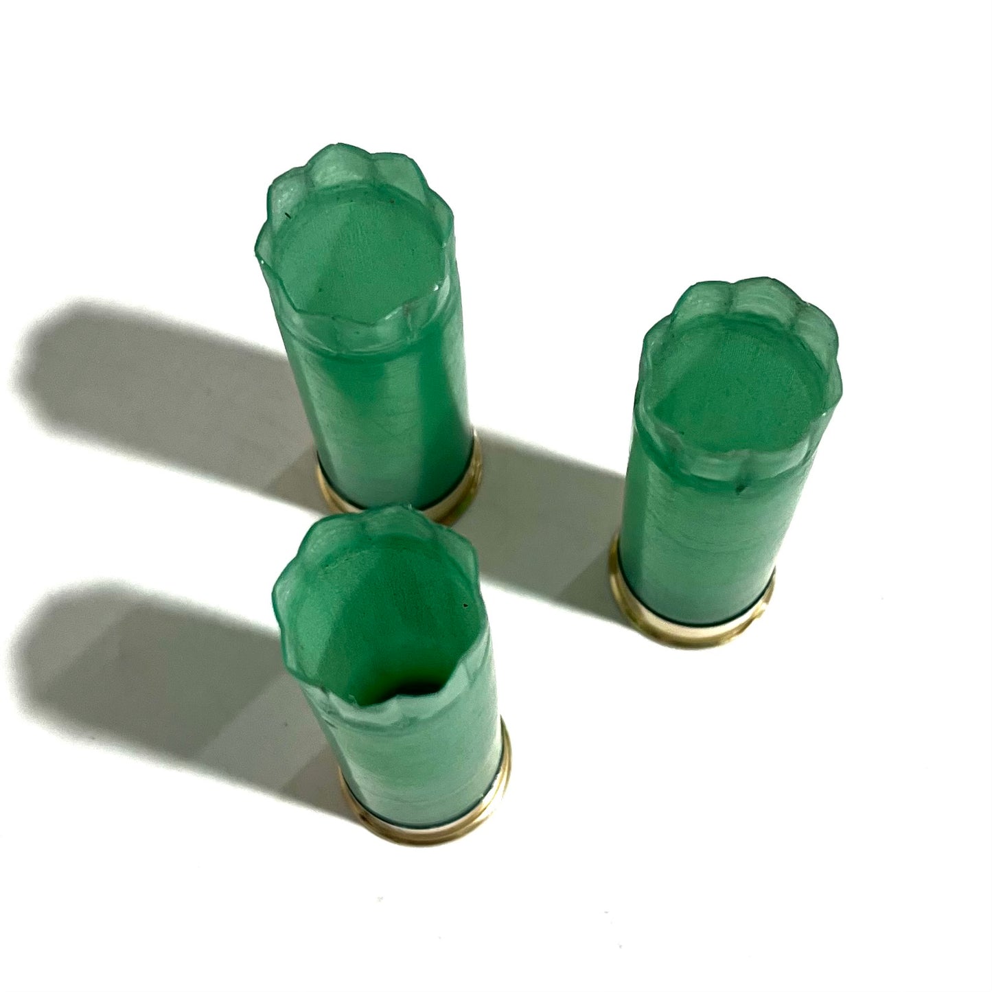 3 light green 12 gauge shotgun shell hulls with gold bases, viewed from above showing crimped star-fold tops