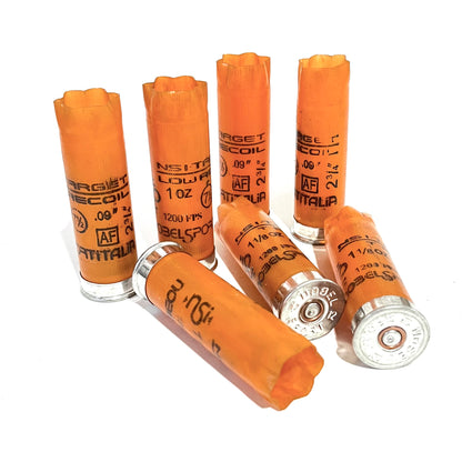 Seven light orange 12 gauge empty shotgun shells standing and lying on a white background showing Nobelsport Italia printing