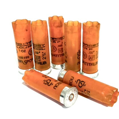 Seven light orange 12 gauge empty shotgun shells arranged upright and on their sides showing silver headstamps