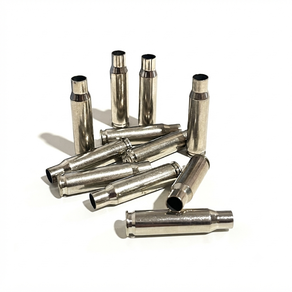 Mixed group of eleven empty silver polished inert .308 WIN casings on a white surface, with five standing upright and six lying flat.