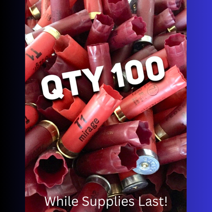 Pile of mixed red 12 gauge hulls with silver and gold bases, featuring prominent QTY 100 and While Supplies Last text.