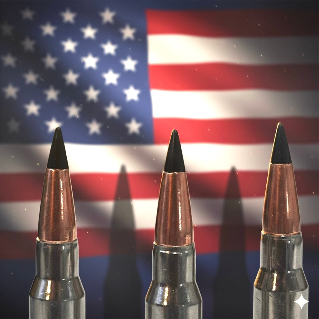 Close-up of three nickel .308 cartridges with black tips against a blurred American flag background