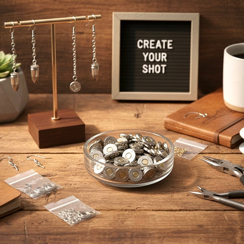 A craft workspace with pliers, a bowl of nickel bullet slices, small bags of findings, and a letter board.