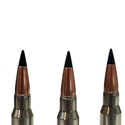 Three nickel .308 dummy rounds in a row with black polymer tips against a white background