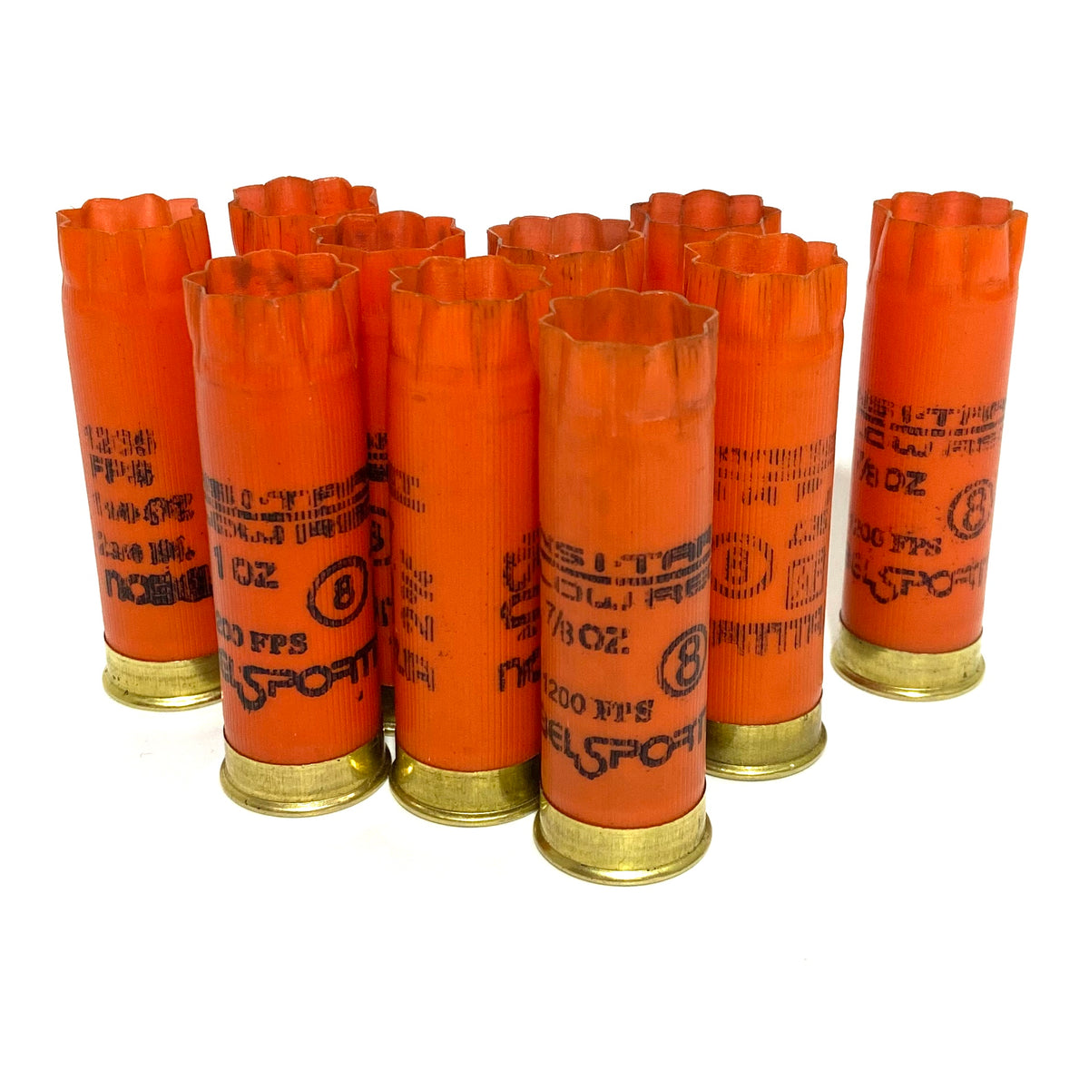 9 orange Nobel Sport shotgun shells with crimped open ends standing on a white background