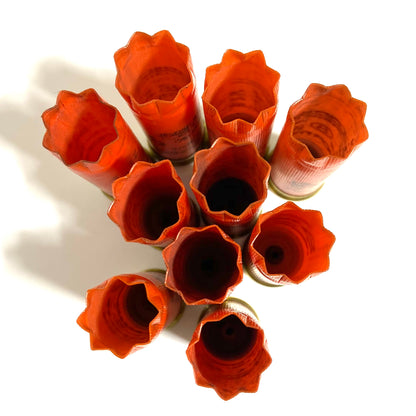 9 orange shotgun shells viewed from directly above showing open crimped ends
