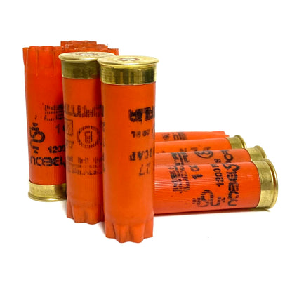 5 orange shotgun shells with brass bases and black printed text arranged in a cluster