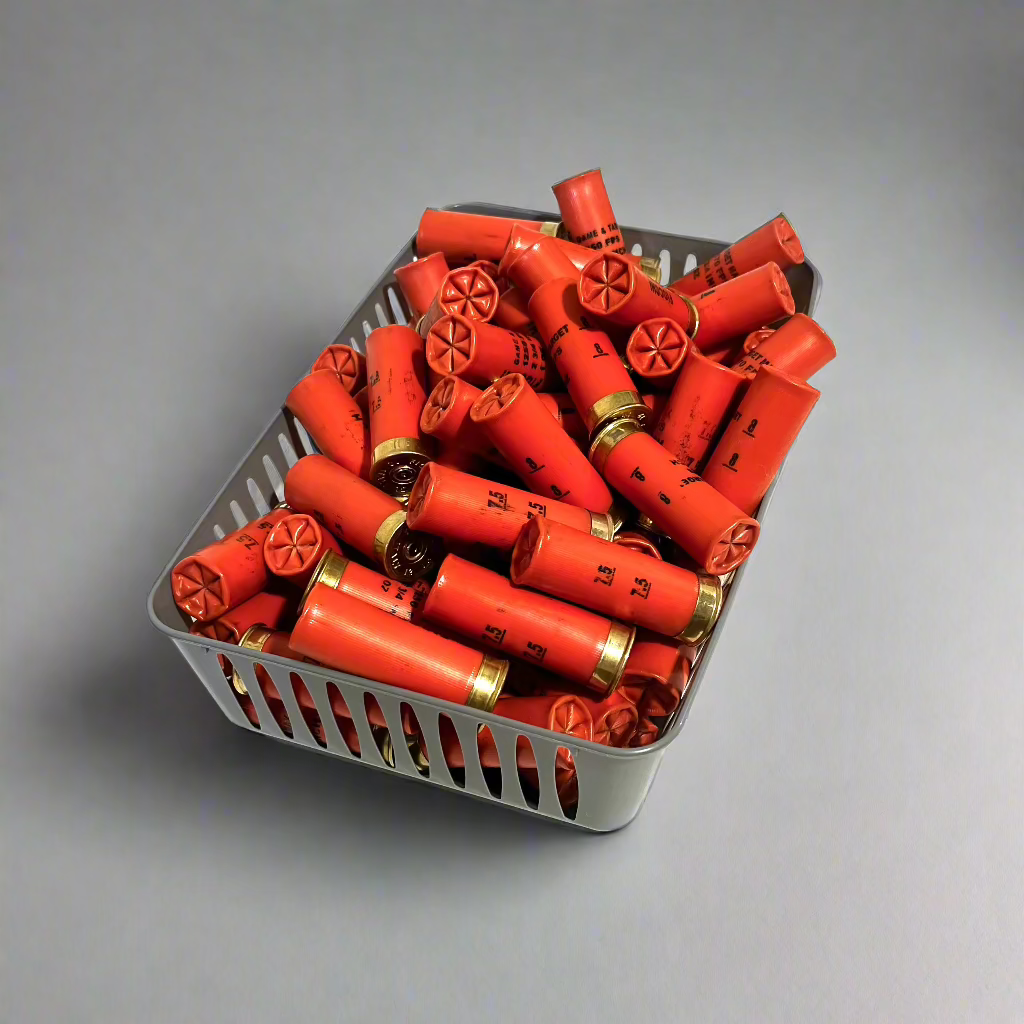 A gray basket filled with many orange used shotgun shells, crimped star ends and gold bases visible.