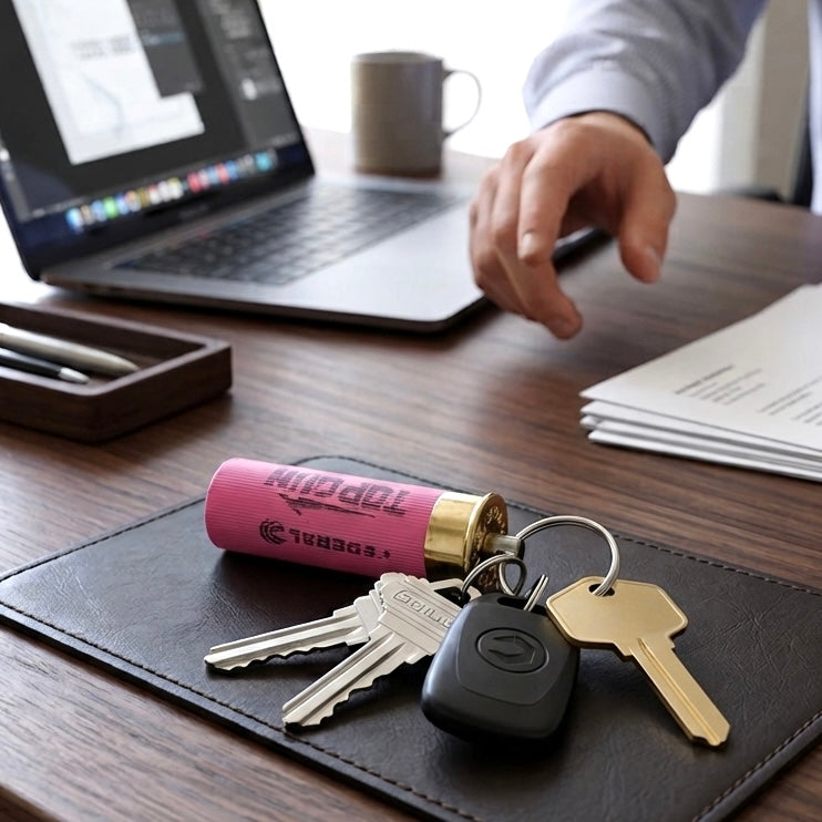 Pink Federal shotgun shell keychain with human hand, keys on desk, laptop, papers and pens.