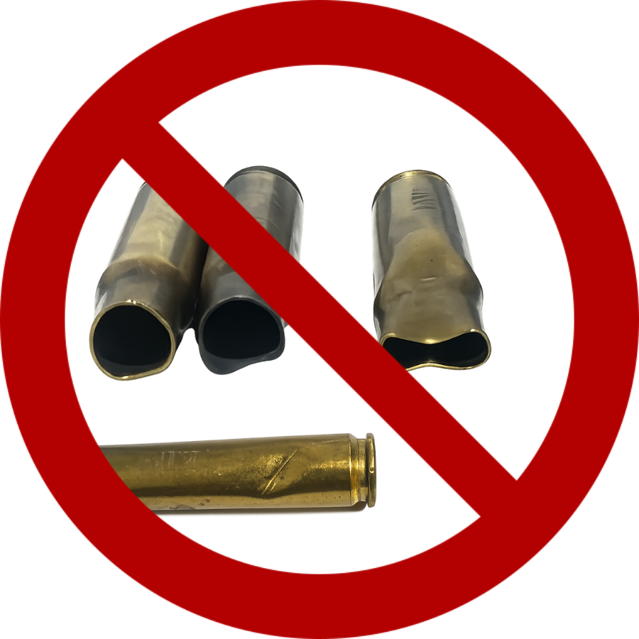 Four damaged polished brass shells with crushed, split, or deformed mouths with a prohibition red symbol against a white background.
