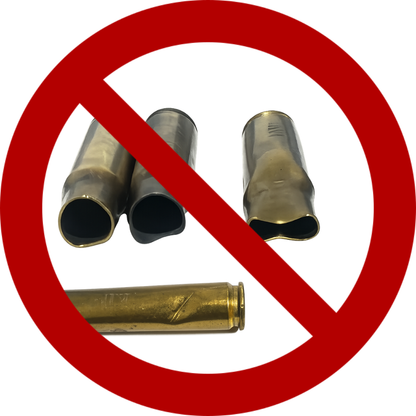 Four damaged polished brass shells with crushed, split, or deformed mouths with a prohibition red symbol against a white background.
