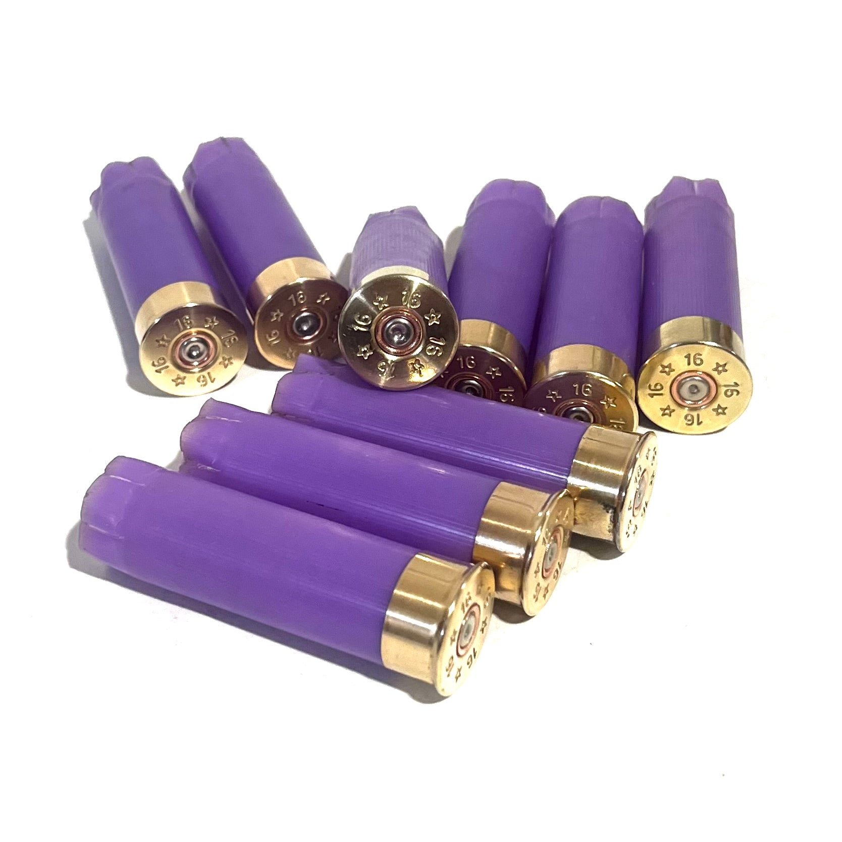 9 purple 16 gauge shotgun shell hulls with brass headstamps marked 16, arranged in a group