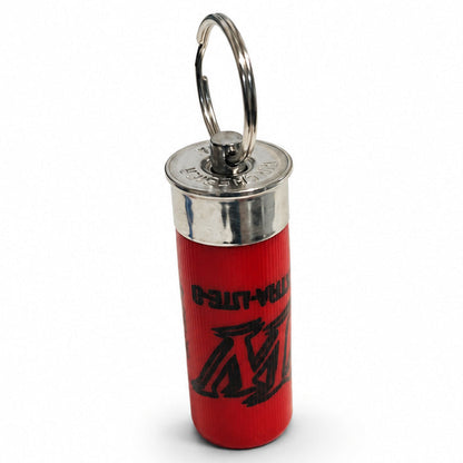 Red 12 gauge keychain standing upright with the split ring raised above the steel pin