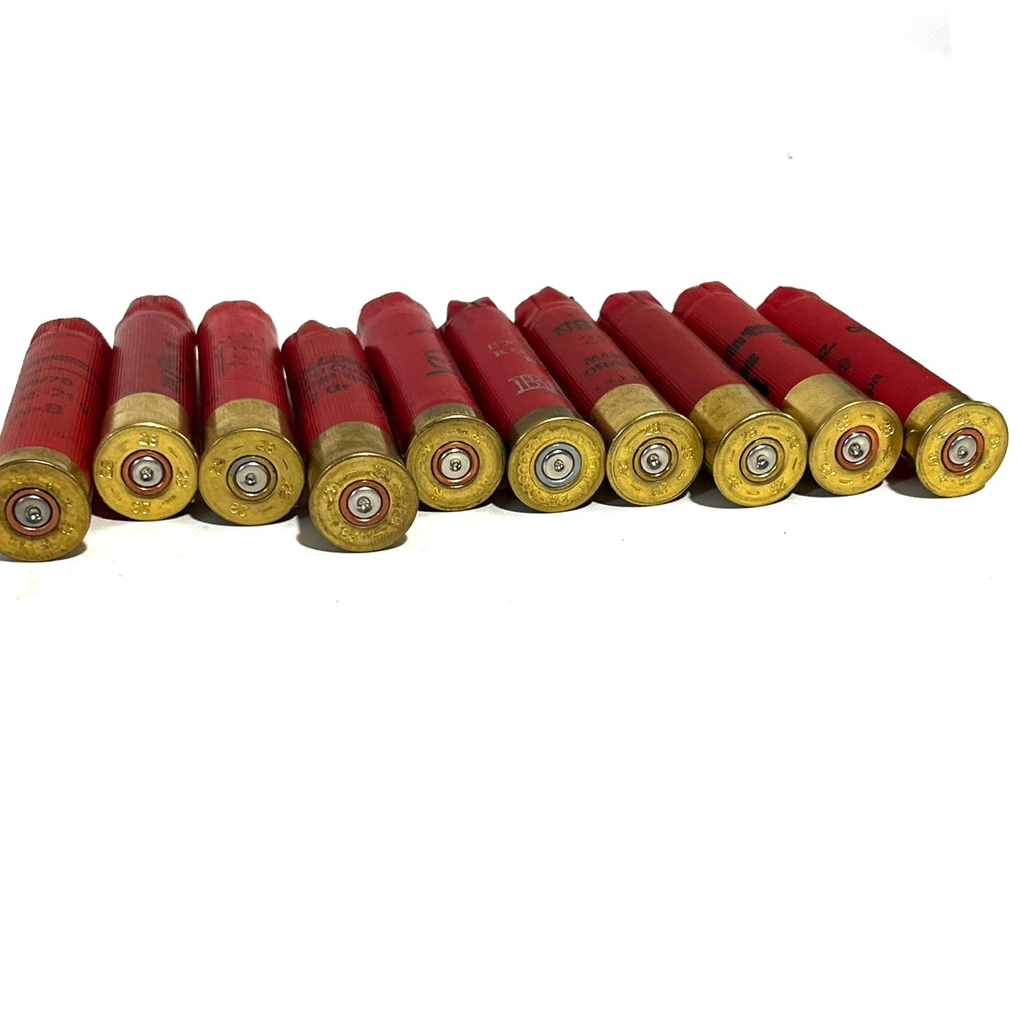 Ten red 28 gauge shotgun shells with gold bottoms lying on their sides showing headstamps