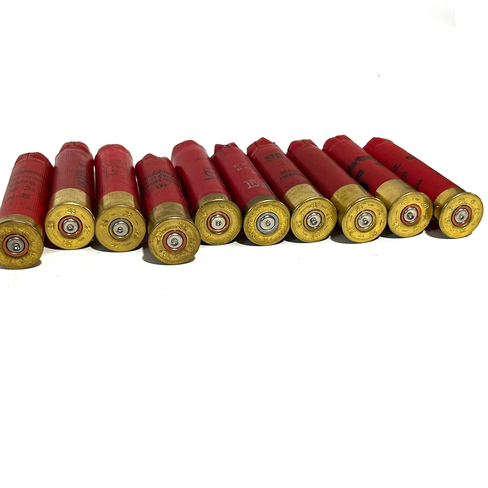 Ten red 28 gauge shotgun shells with gold bottoms lying on their sides showing headstamps
