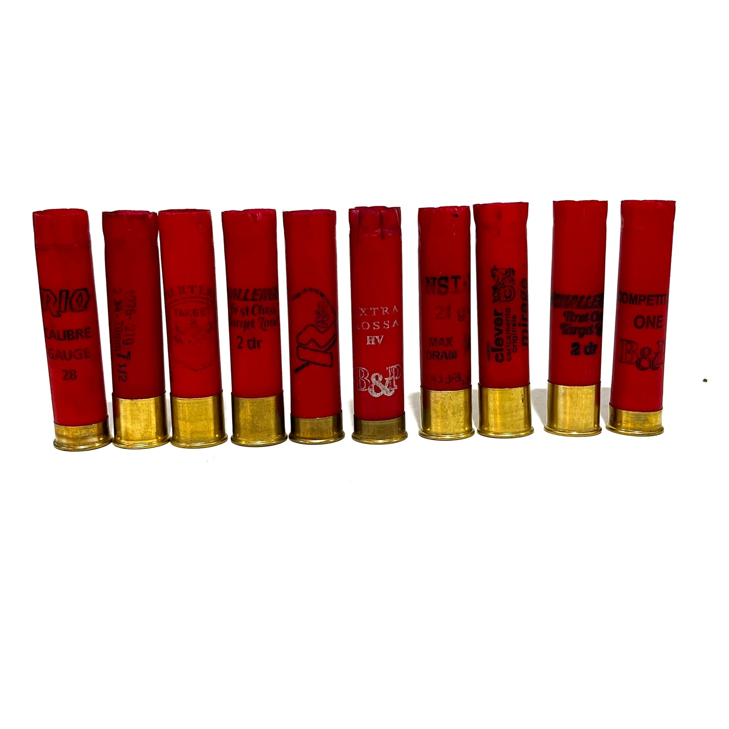 Ten red 28 gauge shotgun shells with gold bottoms from various brands standing in a row