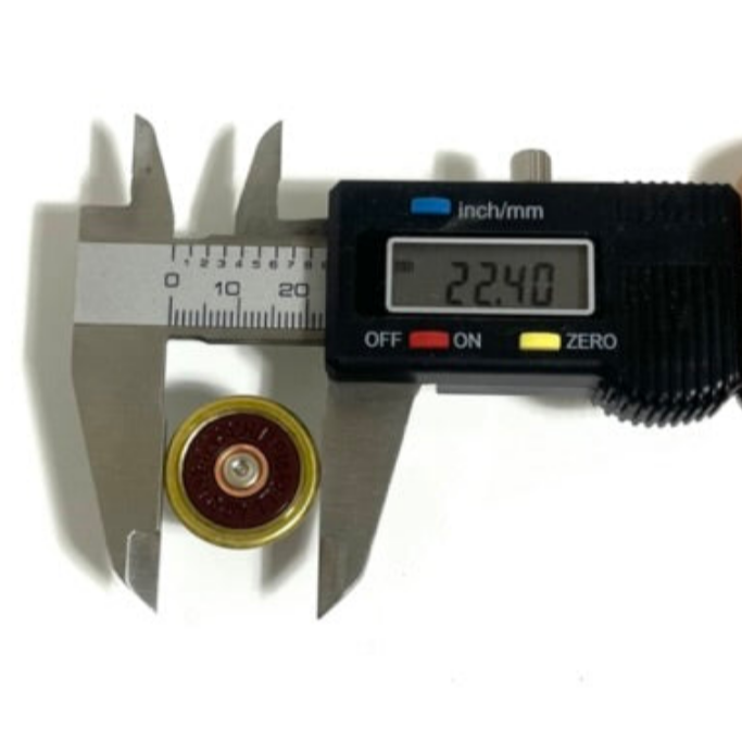 Digital caliper measuring the diameter of a Baschieri and Pellagri 12 GA shotgun shell slice at 22.40 mm