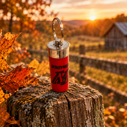 Red spent shotgun shell keychain on a weathered wooden post with autumn leaves, a barn and sunset behind