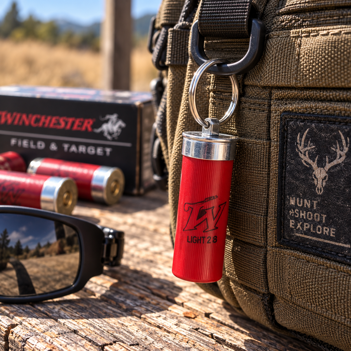 Red used shotgun shell keychain clipped to a tan tactical bag beside a Winchester Field & Target box